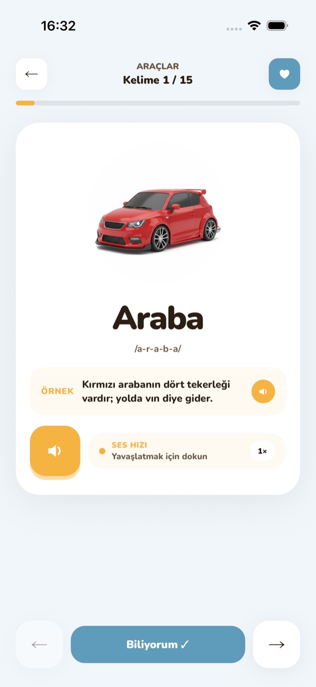 Kelime kartı ekranı: "Araba" kelimesi, örnek cümle kutusu ve ses hızı düğmesi.